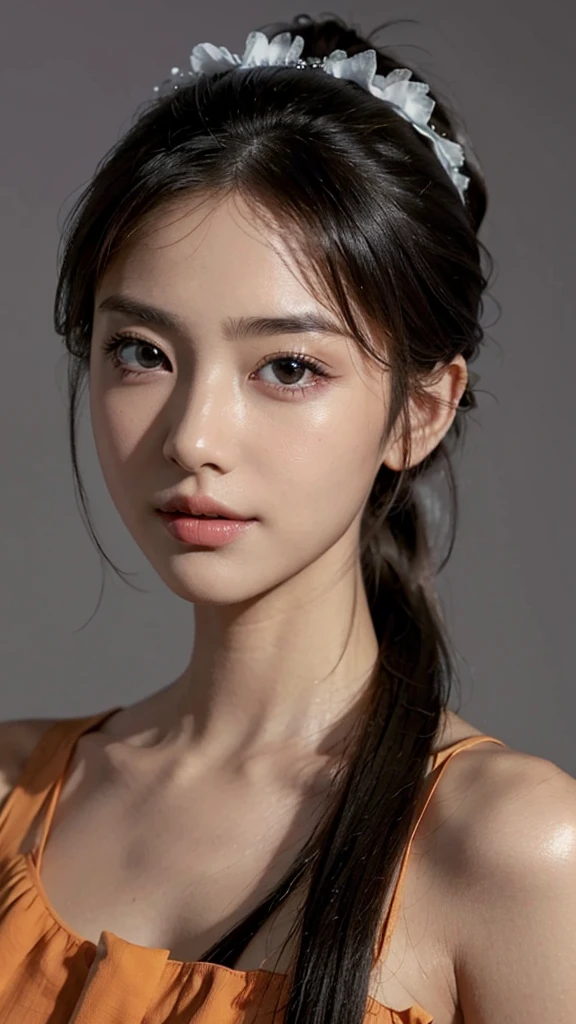 Close up face,Orange Sleeveless Dress Style,Frilly dress,ruffled edges, layered,Accessories: Flower hairpiece, ribbon, fitted body,Commercials for luxury cosmetics style,Commercial filming studio,The background is all gray,Body in front,fully body photo,masutepiece, The highest image quality, High quality, the background is clear,Beautiful woman, Japanese, Detailed, Ultra-detailed, finely detail, hight resolution, 8K Wallpaper, Perfect dynamic composition, Beautiful detailed eyes ,Detailed eyes, Detailed skin, Beautiful skin, 超hight resolution, (reality: 1.4),Very beautiful woman, Slightly younger face, Beautiful skin, slender, (Ultra photo realsisim), (hight resolution), (8K), (Very detailed) (beautifully detailed eyes), (super detailed), (Detailed face), view the viewer, Fine details, Detailed face, Staring straight ahead, Staring straight ahead, photos realistic, Bright lighting, Professional Lighting, Black hair,poneyTail,a baby face,sixteen years old,Hairstyle: ponytail,Long ponytail hairstyle,slight smile,