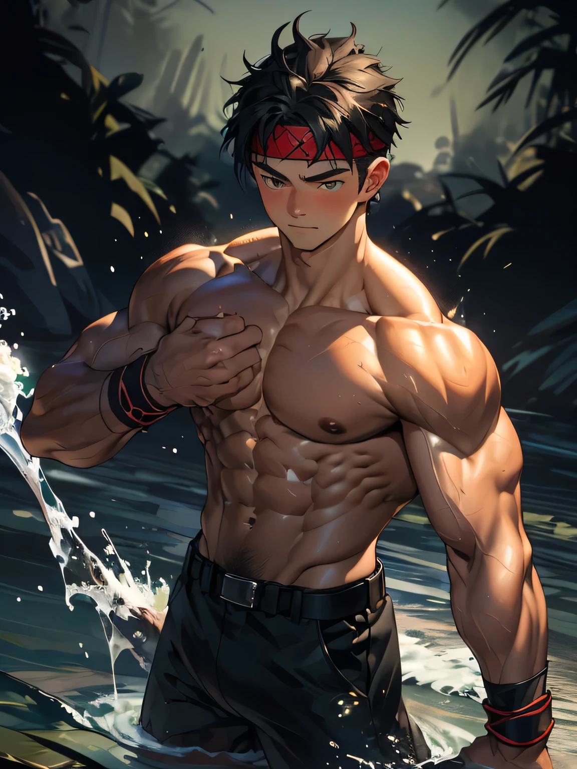 ((masterpiece)), ((best quality)), (ultra-detailed), (((((black background, deep night, cowboy shot))))), (8k, ultra-detailed, 19 year old boy, worm eyes), Young boy, muscler, Shirtless, topless, ((((1boy, flesh, tough, reliable, developed body, blue and green aura effect, water particles, wind particles, holding blue and green aura ball)))), (Dark Short straight hair, ((almost completely shaved hair)), under cut, brown eyes), (red headband, ((black wristband)), leather belt), Vivid colors, ((hot Abs, abs!, big abs, big breast, chest!, muscler upper arms)), muscler!, muscler body, detailed face, detailed muscle, (((rippling muscles, fighting pose, kung fu fighter, action)))