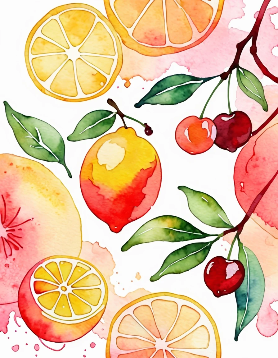 Red outline of a lemon, cherry, peach , Watercolor background