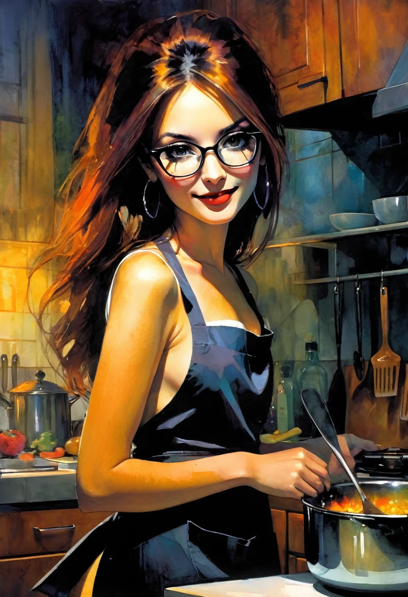 very sexy girl, long straight brown hair, colorful earrings, large square glasses, wearing only a kitchen apron, in the kitchen cooking, small breasts, smiles, adorable, oil painting, chiaroscuro, sensual and dramatic lighting, atmosphere moody, photorealistic, intricate details, masterpiece, ultra detailed, high quality, 8k, best quality, realistic, cinematic, dark and brooding, expressionistic, powerful composition, emotional impact, art inspired by Bill Sienkiewicz