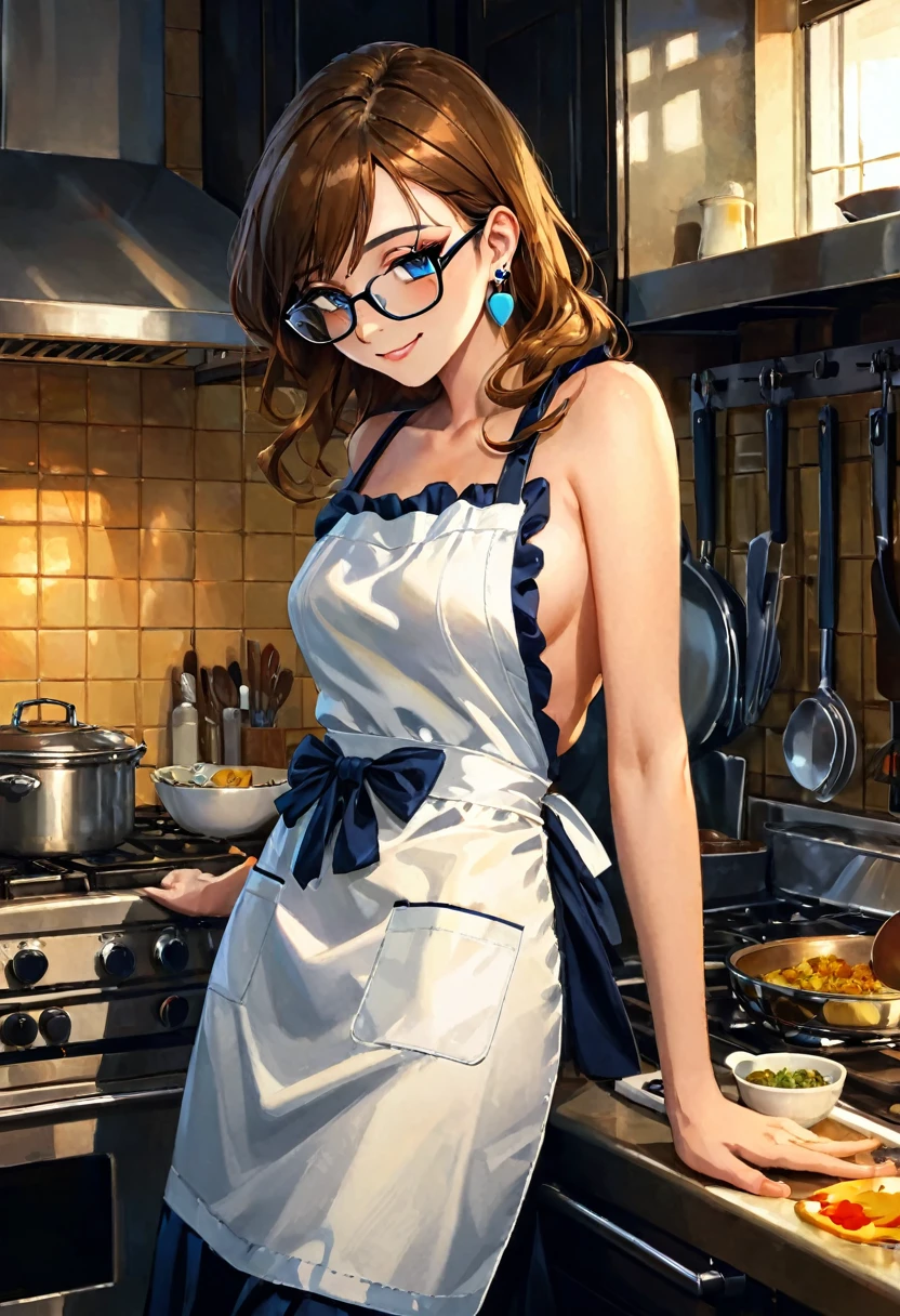 very sexy girl, long straight brown hair, colorful earrings, large square glasses, wearing only a kitchen apron, in the kitchen cooking, small breasts, smiles, adorable, oil painting, chiaroscuro, sensual and dramatic lighting, atmosphere moody, photorealistic, intricate details, masterpiece, ultra detailed, high quality, 8k, best quality, realistic, cinematic, dark and brooding, expressionistic, powerful composition, emotional impact, art inspired by Bill Sienkiewicz
