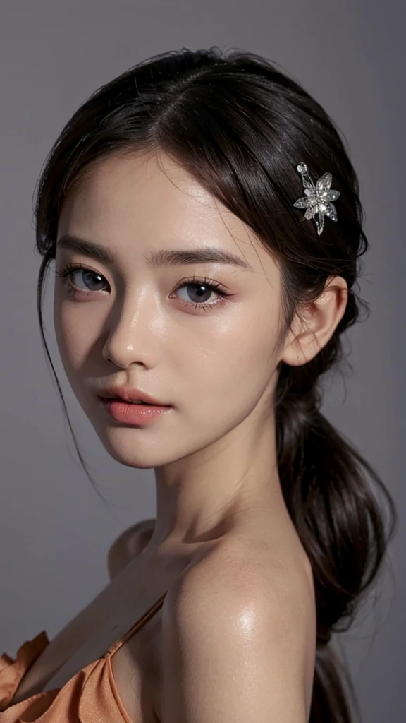 Close up face,Orange Sleeveless Dress Style,Frilly dress,ruffled edges, layered,Accessories: Flower hairpiece, ribbon, fitted body,Commercials for luxury cosmetics style,Commercial filming studio,The background is all gray,Body in front,fully body photo,masutepiece, The highest image quality, High quality, the background is clear,Beautiful woman, Japanese, Detailed, Ultra-detailed, finely detail, hight resolution, 8K Wallpaper, Perfect dynamic composition, Beautiful detailed eyes ,Detailed eyes, Detailed skin, Beautiful skin, 超hight resolution, (reality: 1.4),Very beautiful woman, Slightly younger face, Beautiful skin, slender, (Ultra photo realsisim), (hight resolution), (8K), (Very detailed) (beautifully detailed eyes), (super detailed), (Detailed face), view the viewer, Fine details, Detailed face, Staring straight ahead, Staring straight ahead, photos realistic, Bright lighting, Professional Lighting, Black hair,poneyTail,a baby face,sixteen years old,Hairstyle: ponytail,Long ponytail hairstyle,slight smile,