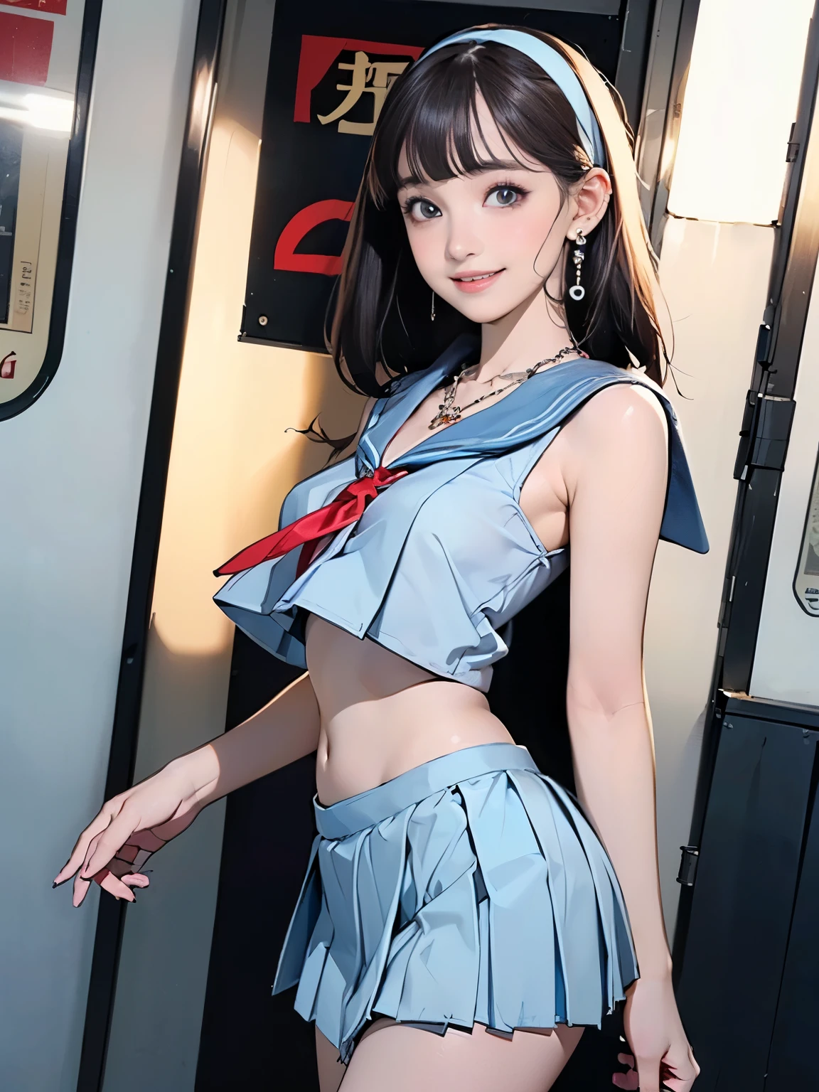 ((((Highest quality))))、(((Ultra-precision CG16K wallpaper)))、(((masterpiece)))、(((Super detailed)))、(((Extreme detail)))、((1Mature 29 year old woman:1.6))、((Very beautiful Japan face of a person))、((Urizane Face:1.8))、((Short bob straight hair、blunt bangs:1.6))、(Shiny Hair)、A delicately drawn beautiful face、(Dark Eyes、Detailed pupil and iris、Reflected light from the eye)、double eyelid、High nose、Small nostrils、Small Mouth、Seductive lips、Beautiful breasts、((B cup size breasts))、Cleavage、A small vertical belly button、Delicate nails、Beautiful feet、((Thin thighs))、eight-headed body、Perfect proportions、Perfect Anatomy、Perfect composition、Beautiful detailed shading、Beautiful, natural lighting、Beautiful detail glow、Depth of written boundary、(((High chroma)))、(((Real:1.9)))、((vivid:1.5))、((Beautiful Skin))、((Skin Texture))、((Realな皮膚感))、(((Cowboy Shot:1.6)))、(((front view、shoot from front、front low angle:1.6)))、(((smile:1.6)))、(((looking at camera:1.6)))、Bright daylight、Natural light、(((A woman is standing in an empty train:1.6)))、(Standing pose:1.6)、(((High school girl sailor suit&Light blue low rise pleated mini skirt:1.6)))、((hair band、necklace、Wearing earrings:1.5))、