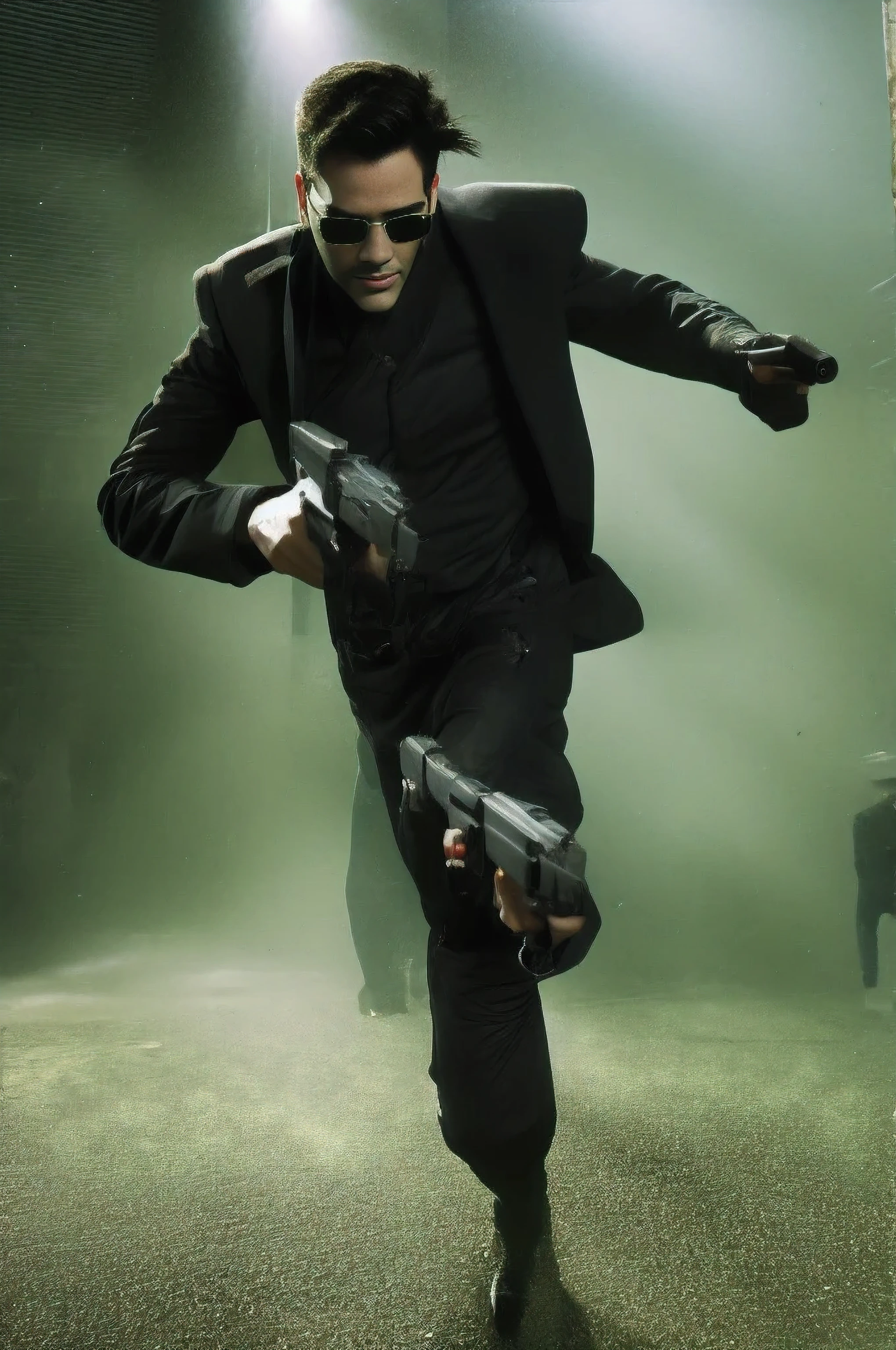 Neo \The Matrix\ movie dark atmosphere outside city urban elements foggy green black action danger thriller gun shooting scene dodging bullets movement reflex fright running chasing yelling grimace cinematic high resolution hyper focus
