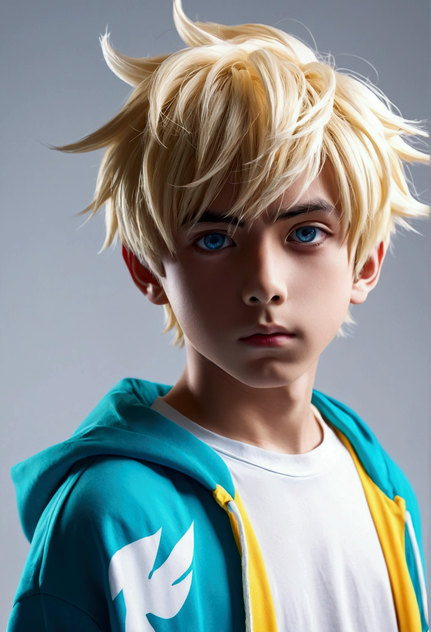 A boy, transformed into an anime style, with exaggerated unique facial features and clothing, standing on white background, backlit background highlighting the subject, high-contrast colors, 4K high-definition quality, mature. Blonde and ocean eyes