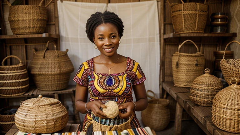 An African woman diligently working on her craft, surrounded by beautifully crafted baskets and textiles, with a look of satisfaction and pride.