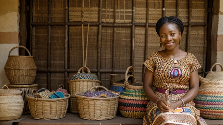 An African woman diligently working on her craft, surrounded by beautifully crafted baskets and textiles, with a look of satisfaction and pride.