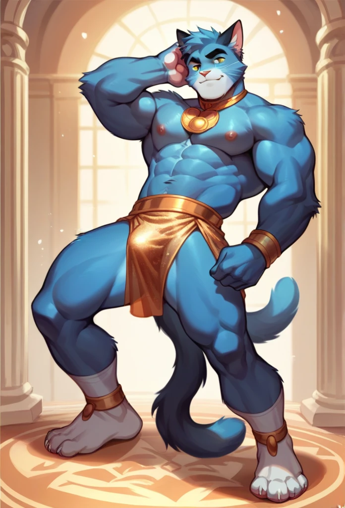 Dancing Cat, playful look, full length, catboy, furry, lots of fur, very gay, intricate clothing, bara body style