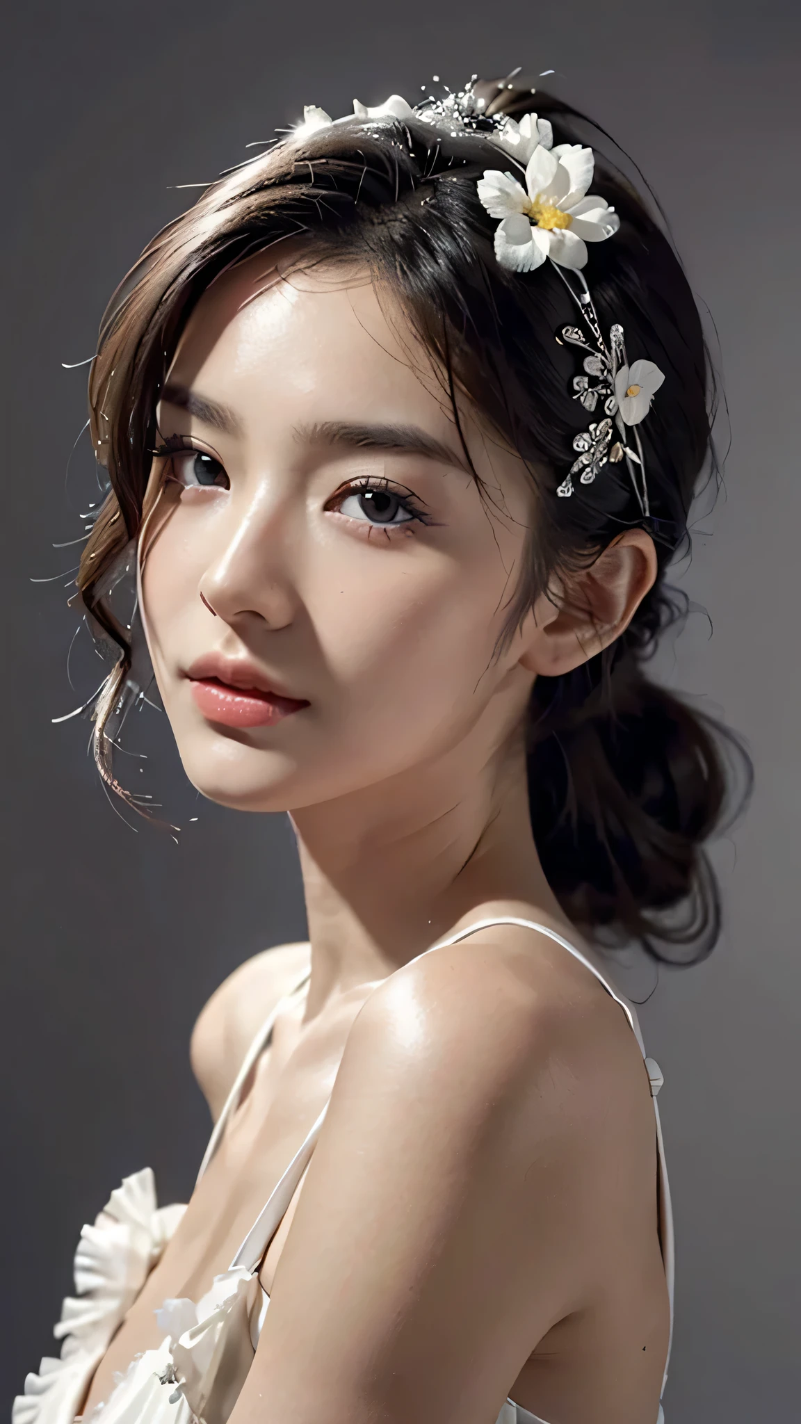 Close up face,Orange Sleeveless Dress Style,Frilly dress,ruffled edges, layered,Accessories: Flower hairpiece, ribbon, fitted body,Commercials for luxury cosmetics style,Commercial filming studio,The background is all gray,Body in front,fully body photo,masutepiece, The highest image quality, High quality, the background is clear,Beautiful woman, Japanese, Detailed, Ultra-detailed, finely detail, hight resolution, 8K Wallpaper, Perfect dynamic composition, Beautiful detailed eyes ,Detailed eyes, Detailed skin, Beautiful skin, 超hight resolution, (reality: 1.4),Very beautiful woman, Slightly younger face, Beautiful skin, slender, (Ultra photo realsisim), (hight resolution), (8K), (Very detailed) (beautifully detailed eyes), (super detailed), (Detailed face), view the viewer, Fine details, Detailed face, Staring straight ahead, Staring straight ahead, photos realistic, Bright lighting, Professional Lighting, Black hair,poneyTail,a baby face,sixteen years old,Hairstyle: ponytail,Long ponytail hairstyle,slight smile,