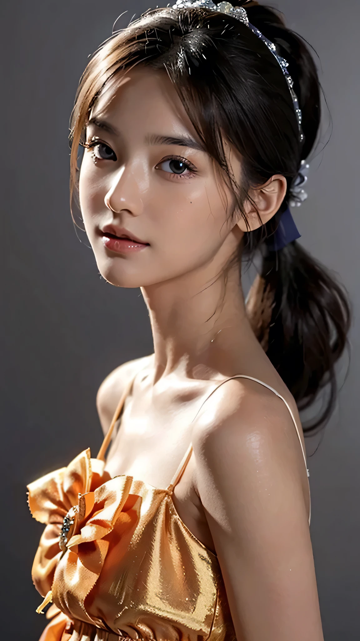 Close up face,Orange  Sleeveless Dress Style,Frilly dress,ruffled edges, layered,Accessories: Flower hairpiece, ribbon, fitted body,Commercials for luxury cosmetics style,Commercial filming studio,The background is all gray,Body in front,fully body photo,masutepiece, The highest image quality, High quality, the background is clear,Beautiful woman, Japanese, Detailed, Ultra-detailed, finely detail, hight resolution, 8K Wallpaper, Perfect dynamic composition, Beautiful detailed eyes ,Detailed eyes, Detailed skin, Beautiful skin, 超hight resolution, (reality: 1.4),Very beautiful woman, Slightly younger face, Beautiful skin, slender, (Ultra photo realsisim), (hight resolution), (8K), (Very detailed) (beautifully detailed eyes), (super detailed),   (Detailed face), view the viewer, Fine details, Detailed face, Staring straight ahead, Staring straight ahead, photos realistic, Bright lighting, Professional Lighting, Black hair,poneyTail,a baby face,sixteen years old,Hairstyle: ponytail,Long ponytail hairstyle,slight smile,