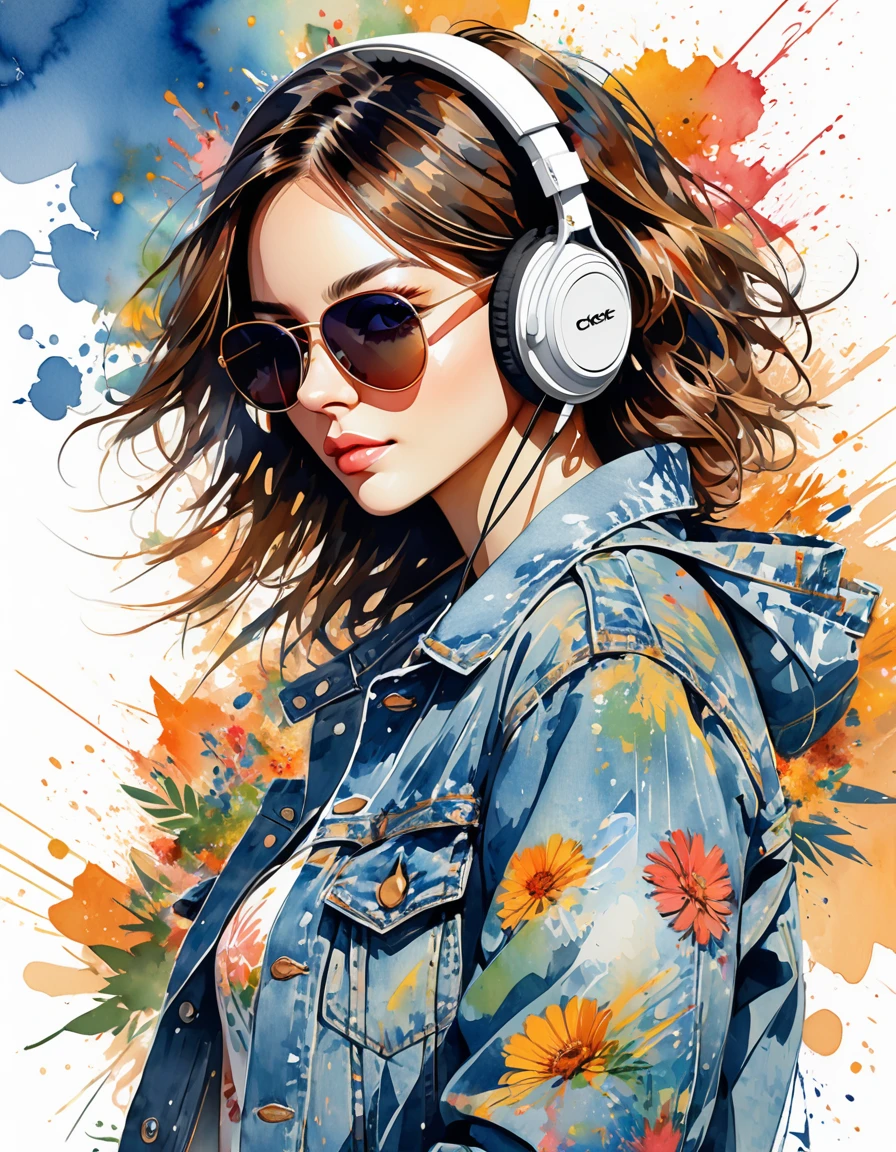 Perfect centering, wear a denim jacket, Wear sunglasses, Wearing headphones, luck, Standing position, abstract beauty, centered, looking at the camera, looking at the camera, Close to perfection, dynamic, Very detailed,  smooth, keen focus, 8k, High resolution, Illustration, Vector image, Kunst von Carne Griffiths und Wadim Kashin,  Background watercolor 