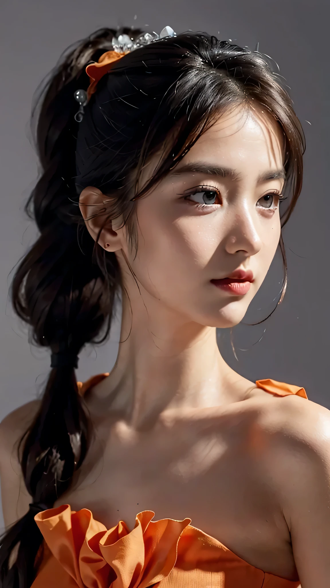 Close up face,Orange Sleeveless Dress Style,Frilly dress,ruffled edges, layered,Accessories: Flower hairpiece, ribbon, fitted body,Commercials for luxury cosmetics style,Commercial filming studio,The background is all gray,Body in front,fully body photo,masutepiece, The highest image quality, High quality, the background is clear,Beautiful woman, Japanese, Detailed, Ultra-detailed, finely detail, hight resolution, 8K Wallpaper, Perfect dynamic composition, Beautiful detailed eyes ,Detailed eyes, Detailed skin, Beautiful skin, 超hight resolution, (reality: 1.4),Very beautiful woman, Slightly younger face, Beautiful skin, slender, (Ultra photo realsisim), (hight resolution), (8K), (Very detailed) (beautifully detailed eyes), (super detailed), (Detailed face), view the viewer, Fine details, Detailed face, Staring straight ahead, Staring straight ahead, photos realistic, Bright lighting, Professional Lighting, Black hair,poneyTail,a baby face,sixteen years old,Hairstyle: ponytail,Long ponytail hairstyle,slight smile,