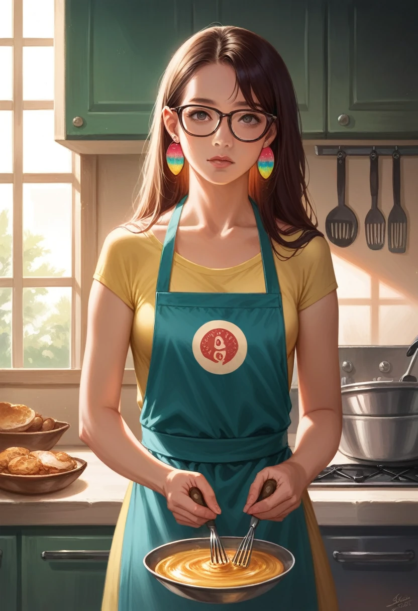 very sexy girl, long straight brown hair, colorful earrings, large square glasses, wearing only a kitchen apron, in the kitchen cooking, small breasts, smiles, adorable, oil painting, chiaroscuro, sensual and dramatic lighting, atmosphere moody, photorealistic, intricate details, masterpiece, ultra detailed, high quality, 8k, best quality, realistic, cinematic, dark and brooding, expressionistic, powerful composition, emotional impact, art inspired by Bill Sienkiewicz

