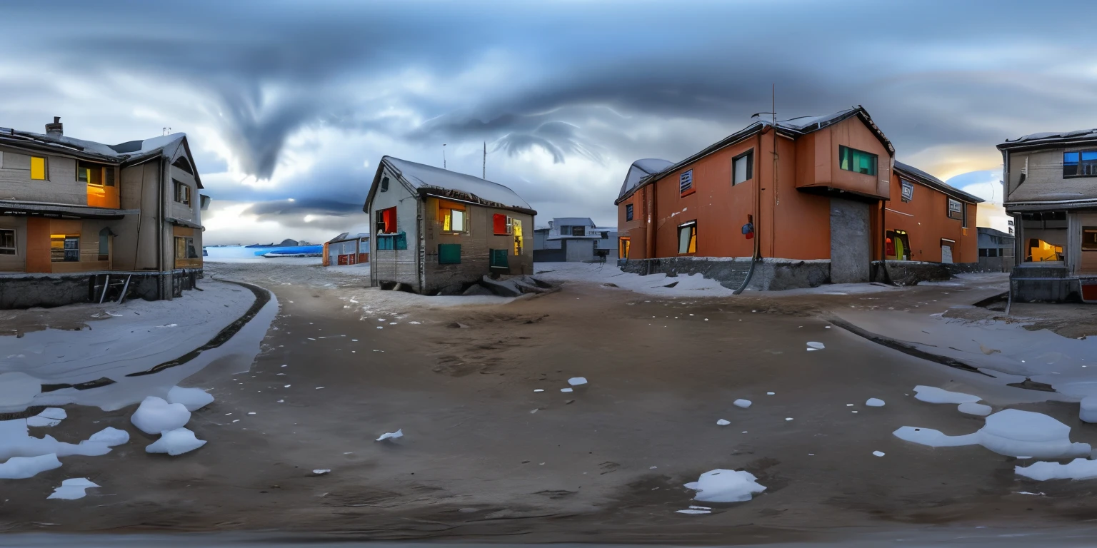 antartica mission base, storm dramatic sky, snow, ice, high resolution and detail, realistic, 360 panorama