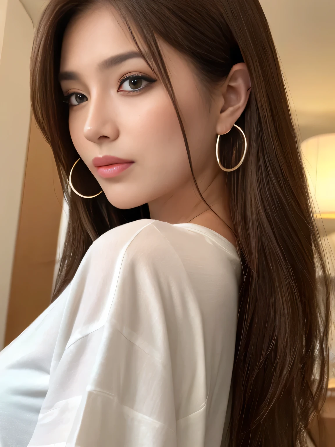 makeup, angry, mullet, hoop earrings, raised eyebrows, half-closed eyes, clenched teeth, ass pov, uhd, anatomically correct, high details, best quality, 8k、One Japanese woman、30 years old、A close-up photo of a face with focus on the face、background:hotel lobby、Focused eyes、Detailed eyes、Detailed face、Light brown hair、White T-shirt、Brown eyes、Very angry、Symmetrical eyes、