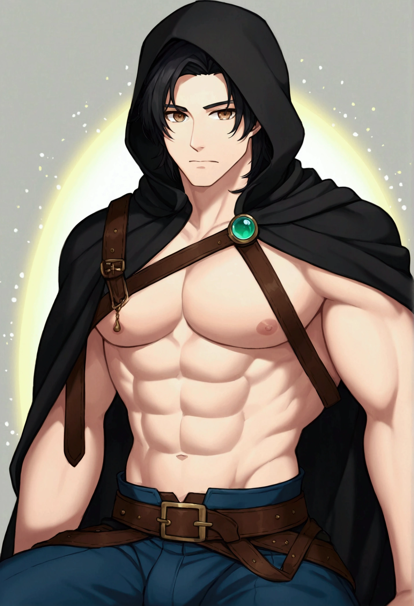 (absurdities, High resolution, ultra detailed), 1 male, adult, elegant, tall and muscular face, wide shoulders, finely detailed eyes, short black hair, Brown eyes, black cloak, wearing a hood, leather waistcoat, leather waist bag, 2 daggers on the belt, castillo, medieval atmofera, natural light and shadow, There are glowing particles flying around the man., Fantastic, mysterious, bright glow,  Sitting posture, serious expression, Cold, considered, Closed mouth, excited, bolt in the pants,