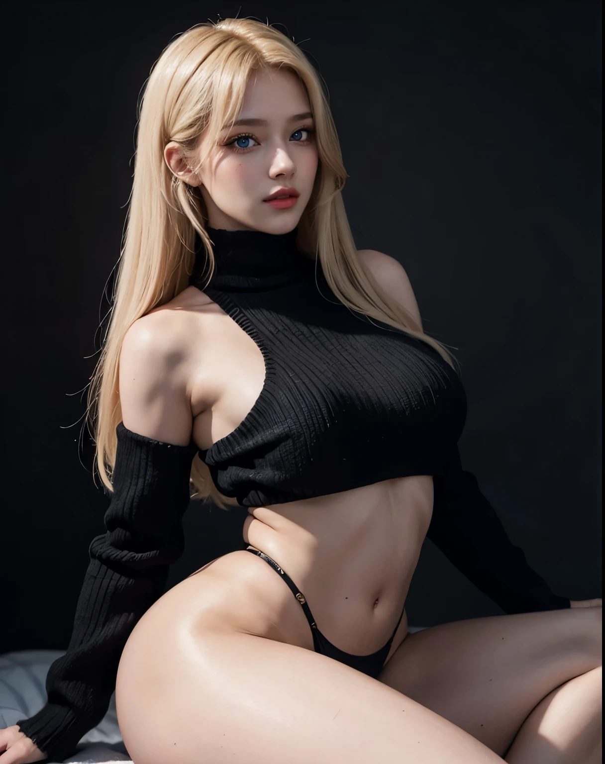 1girl, (Blue Eyes), (smiling), (Sana Minatozaki), (beautiful makeup :1.2), wide hips, (big tits), (big ass), thin waist, thick thighs, toned legs, muscle, (Best Quality, 8k, Masterpiece: 1.3), Clear Focus: 1.2, Perfect Body Beauty: 1.4, strong abs, Highly detailed face and skin texture, detailed eyes, double eyelids, pink lips, (blonde long straight hair :1.2), In the Dark, Deep Shadow, Discreet Key, Cold Light, ((Dark Background)), Shoulder, ((Black sweater :1.2)), Upper Body