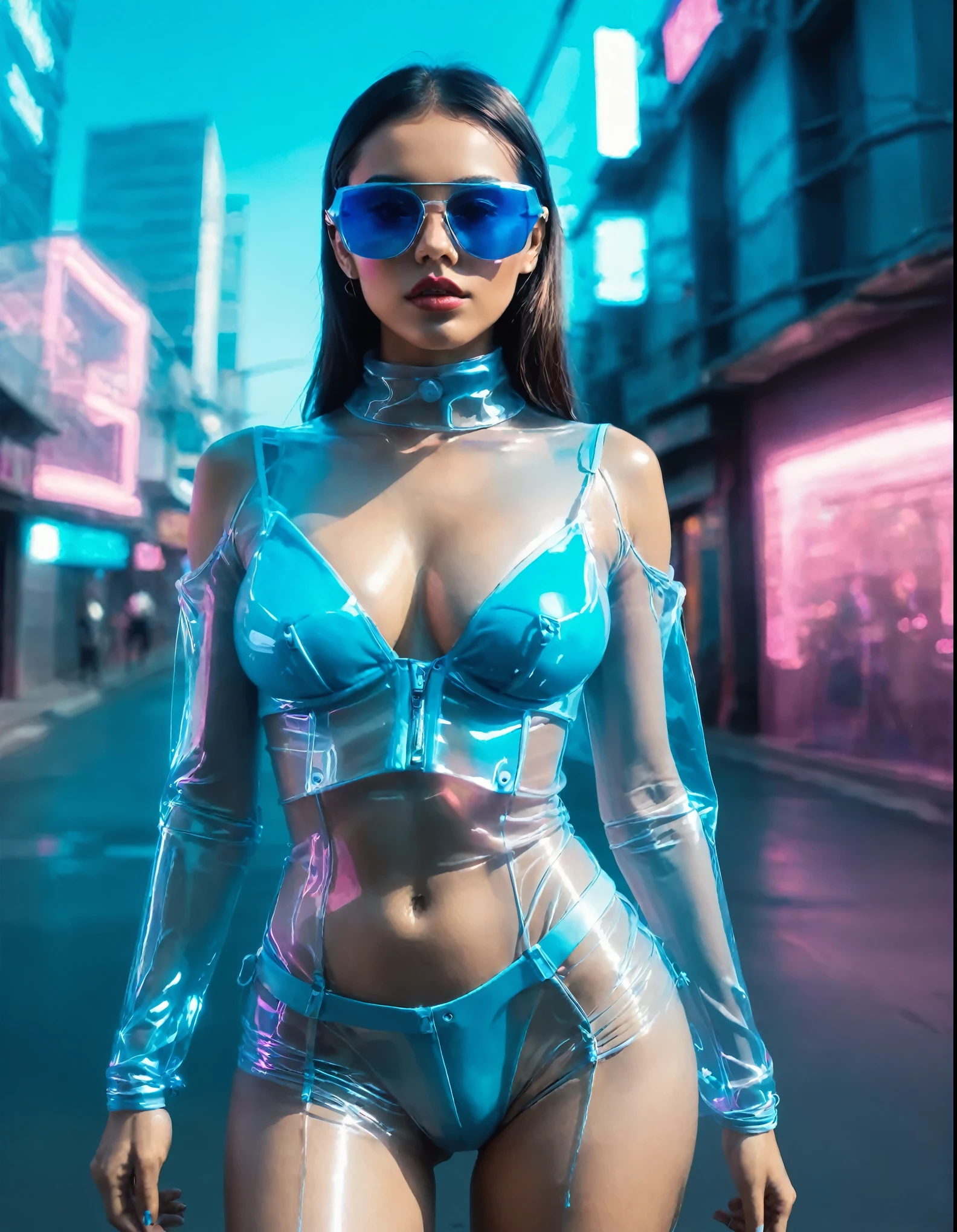 image of a beautiful girl with sunglasses wearing completely transparent translucent outfit, you can see her panties and bra through her transparent skin, She is on a futuristic cyber street lit with blue and pink neon with futuristic buildings, She is posing like a photo model with her hand on her waist