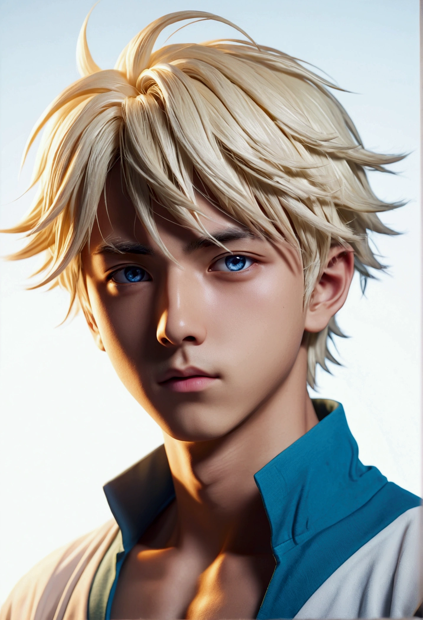 A boy, transformed into an anime style, standing on white background, backlit background highlighting the subject, high-contrast colors, 4K high-definition quality, mature. Blonde and ocean eyes. ANIME/MANWHA STYLE