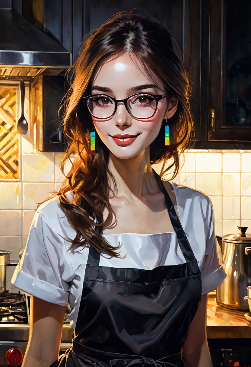 very sexy girl, long straight brown hair, colorful earrings, large square glasses, wearing only a kitchen apron, in the kitchen cooking, small breasts, smiles, adorable, oil painting, chiaroscuro, sensual and dramatic lighting, atmosphere moody, photorealistic, intricate details, masterpiece, ultra detailed, high quality, 8k, best quality, realistic, cinematic, dark and brooding, expressionistic, powerful composition, emotional impact, art inspired by Bill Sienkiewicz