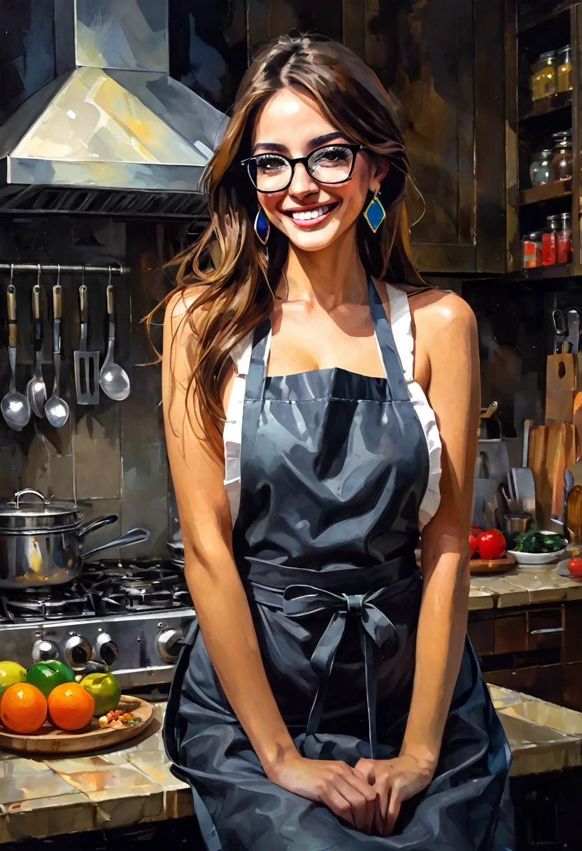 very sexy girl, long straight brown hair, colorful earrings, large square glasses, wearing only a kitchen apron, in the kitchen cooking, small breasts, smiles, adorable, oil painting, chiaroscuro, sensual and dramatic lighting, atmosphere moody, photorealistic, intricate details, masterpiece, ultra detailed, high quality, 8k, best quality, realistic, cinematic, dark and brooding, expressionistic, powerful composition, emotional impact, art inspired by Bill Sienkiewicz
