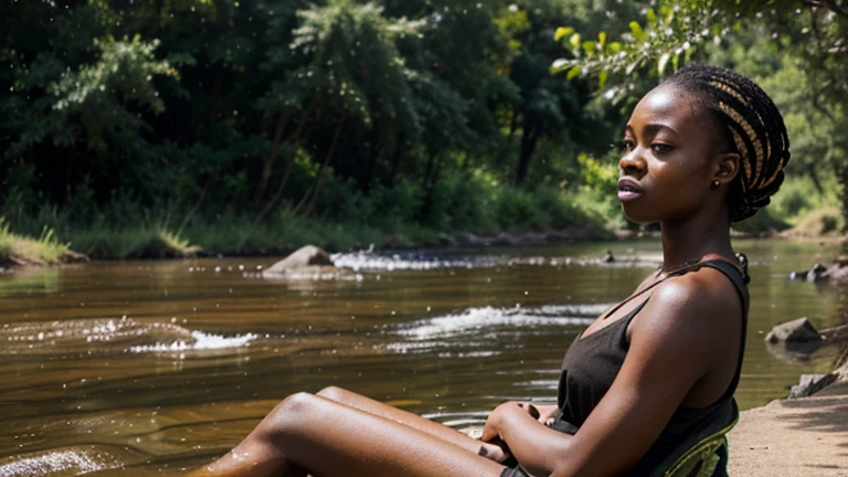 An African woman enjoying a peaceful moment by the river, surrounded by nature, with a relaxed and content expression.