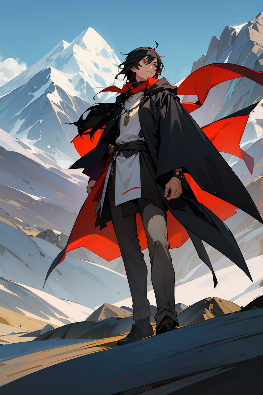 Male, Black Hair, Mountain Background, Black Cloak, Sharktooth Necklace, Standing on Path, Red Headband