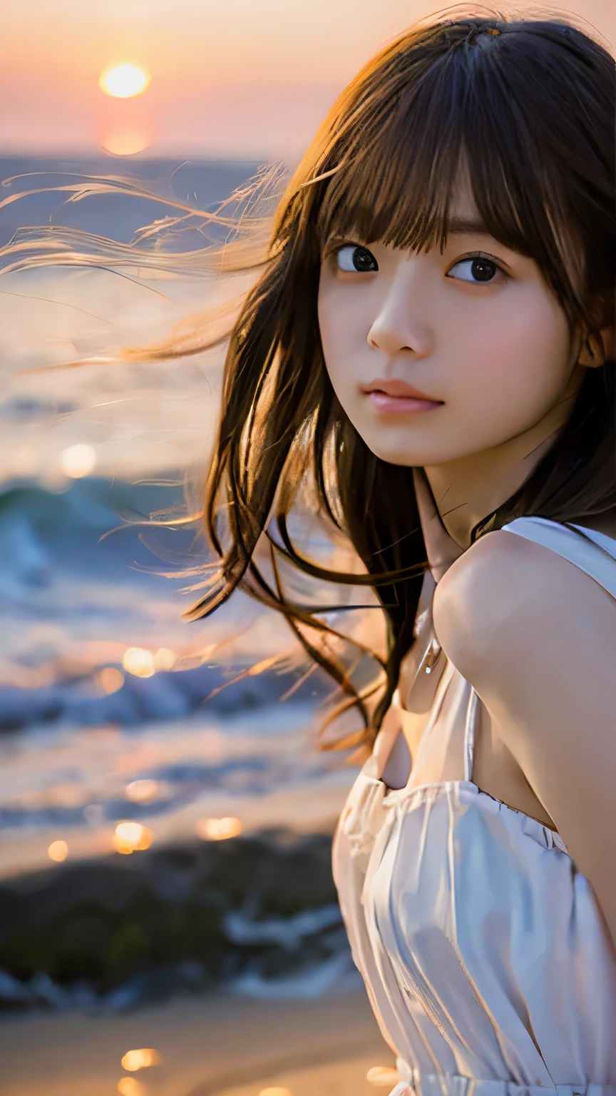 Highest quality,4K,8k,High resolution,masterpiece:1.2,Very detailed,Realistic:1.37,Portraiture,Soft colors,Gentle light,A girl exuding fatigue,Long flowing hair,Delicate features,Deeply contemplative eyes,White skin,Happy expression,Soft pastel colors,Great atmosphere,Sleeveless dress,Subtle brushwork,Dreamlike composition,Gazing into the distance,,Romantic atmosphere、With the sunset in the background,Calm colors,Soft Shadows、You can see the ocean、