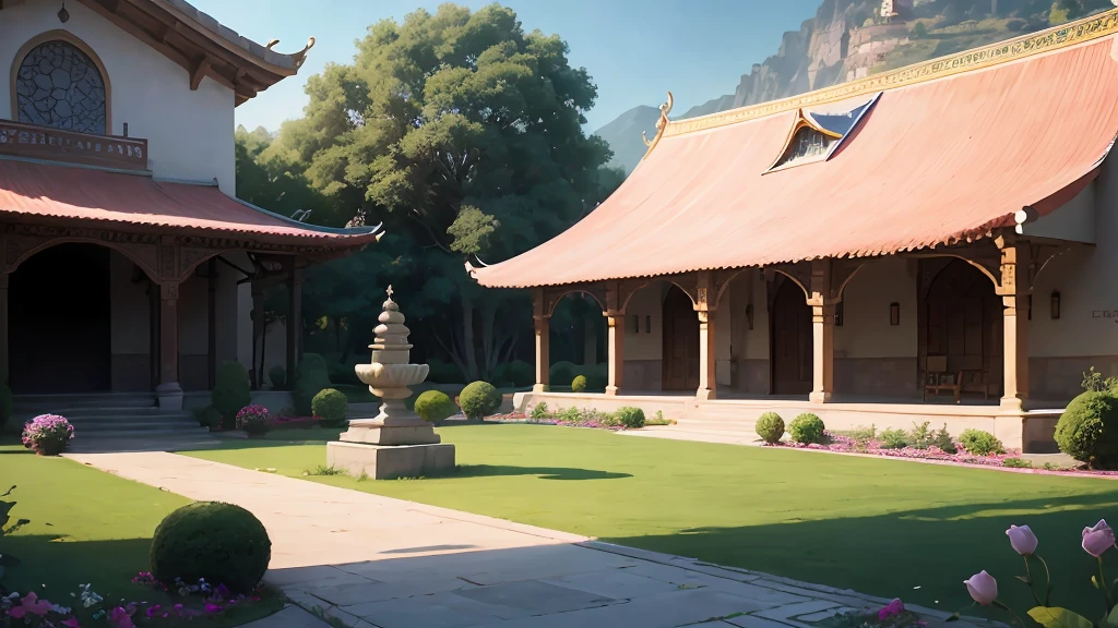 Imagine a majestic kingdom, situated in a lush green valley surrounded by mountains, with a deep blue sky and golden sunlight.Royal Palace: Located in the center, the palace is made of pink marble, with tall towers and flower-shaped domes decorated with sparkling crystals. Hanging gardens with exotic plants and crystal-clear water cascades run down the sides of the palace. Rose petals float in the air, creating an ethereal ambiance.Temples and Sanctuaries: Scattered across the kingdom, with a large temple near the palace. Buildings with elegant arches and columns adorned with carvings of flowers and mystical symbols. Pink crystal altars and colorful stained glass windows.Library and Knowledge Center: Located on a hill next to the palace, is an imposing building with arched entrances and shelves filled with ancient parchments and books. Reading rooms lit by chandeliers, with marble tables and comfortable chairs.residences: Arranged in community villages around the palace and temples. stone and wooden houses, painted in soft shades of pink and white, with thatched roofs or ceramic tiles. Private gardens with colorful plants and flowers, outdoor living areas.public spaces: Central squares and community gardens spread across the kingdom, with stone paths, carved benches and flower beds. Rose petals float in specific patterns, water fountains that make the petals dance, and open-air markets with tents selling crafts.Training Centers and Academy: Located on the outskirts of villages, surrounded by nature. Open courtyards for outdoor training, with areas for practicing skills and exercises. Training camps with obstacles made from hardened rose petals, meditation rooms with petal walls that emit a gentle vibration.