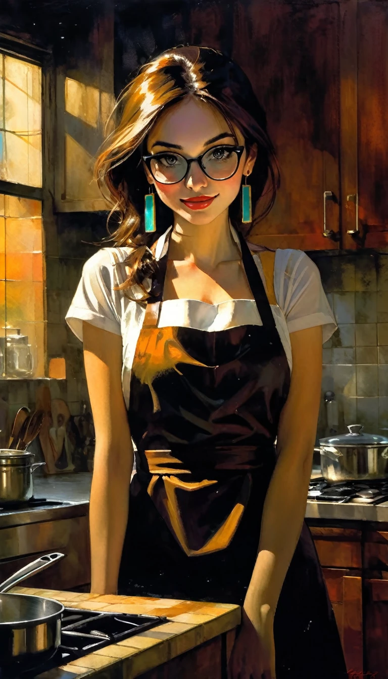 very sexy girl, long straight brown hair, colorful earrings, large square glasses, wearing only a kitchen apron, in the kitchen cooking, small breasts, smiles, adorable, oil painting, chiaroscuro, sensual and dramatic lighting, atmosphere moody, photorealistic, intricate details, masterpiece, ultra detailed, high quality, 8k, best quality, realistic, cinematic, dark and brooding, expressionistic, powerful composition, emotional impact, art inspired by Bill Sienkiewicz