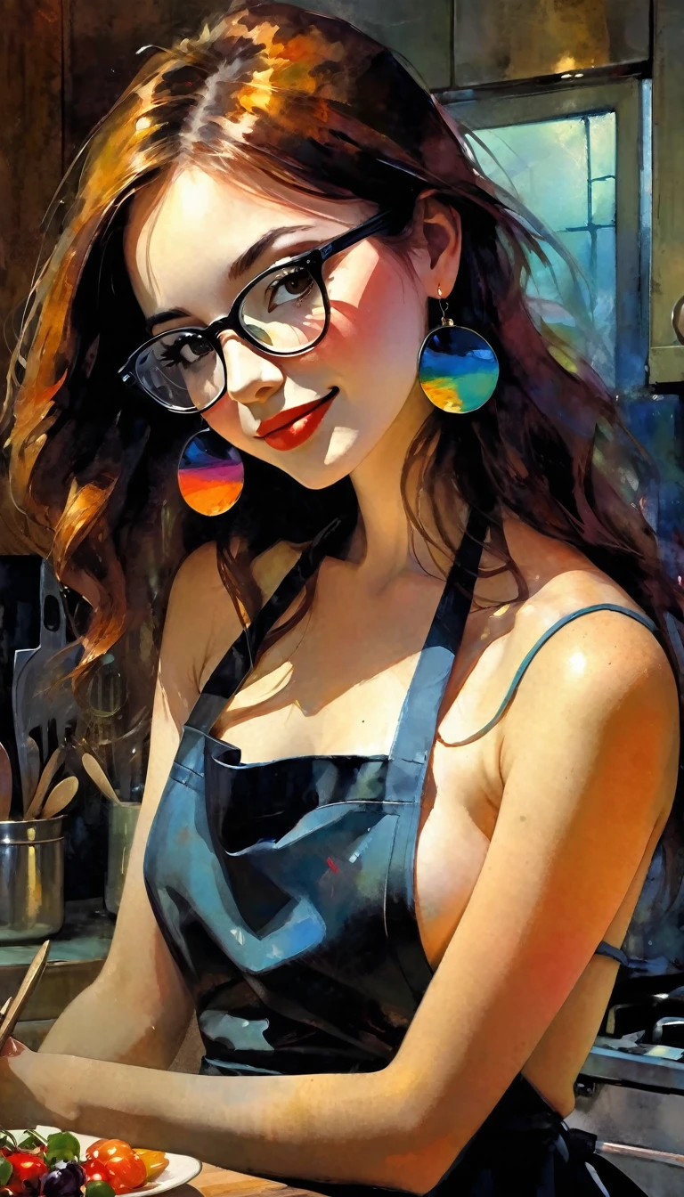 very sexy girl, long straight brown hair, colorful earrings, large square glasses, wearing only a kitchen apron, in the kitchen cooking, small breasts, smiles, adorable, oil painting, chiaroscuro, sensual and dramatic lighting, atmosphere moody, photorealistic, intricate details, masterpiece, ultra detailed, high quality, 8k, best quality, realistic, cinematic, dark and brooding, expressionistic, powerful composition, emotional impact, art inspired by Bill Sienkiewicz