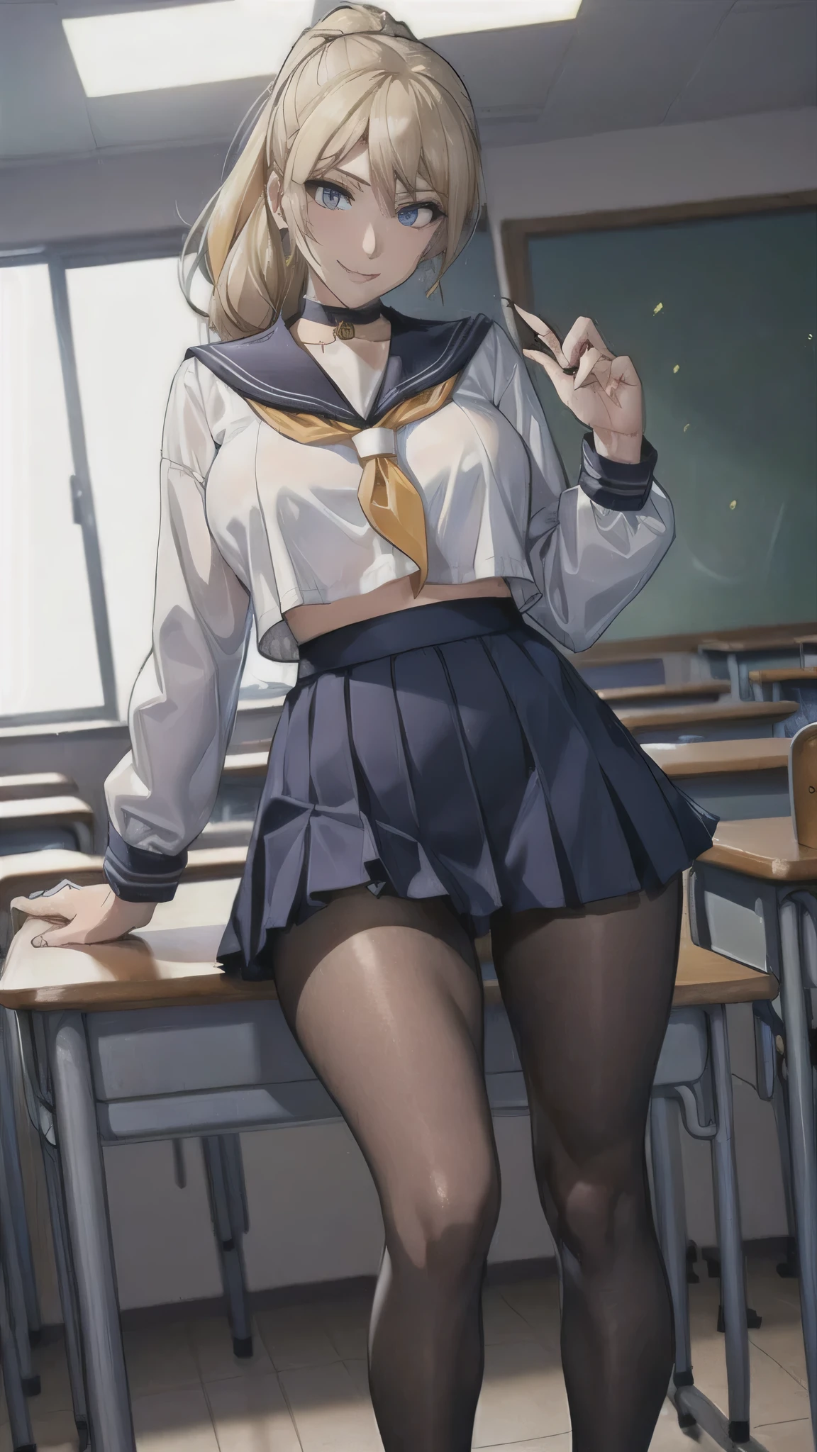 ((high school girl)),((school uniform)),((White blouse)),(((Pleated mini skirt))), ((A shy smile)),((Beautiful feet)),((Beautiful legs)),Ultra-high resolution, Mature Woman, Mature Woman, Very detailed, ((Big Breasts)), Perfect hands, Detailed fingers, Beautiful details, (((Sailor suit))),((Long blonde hair)),((ponytail)),Black choker, Earrings,loafers,(Black Pantyhose), (Black Stockings),Perfect Eyes, Seductive eyes, School classroom,Standing in front of the pulpit