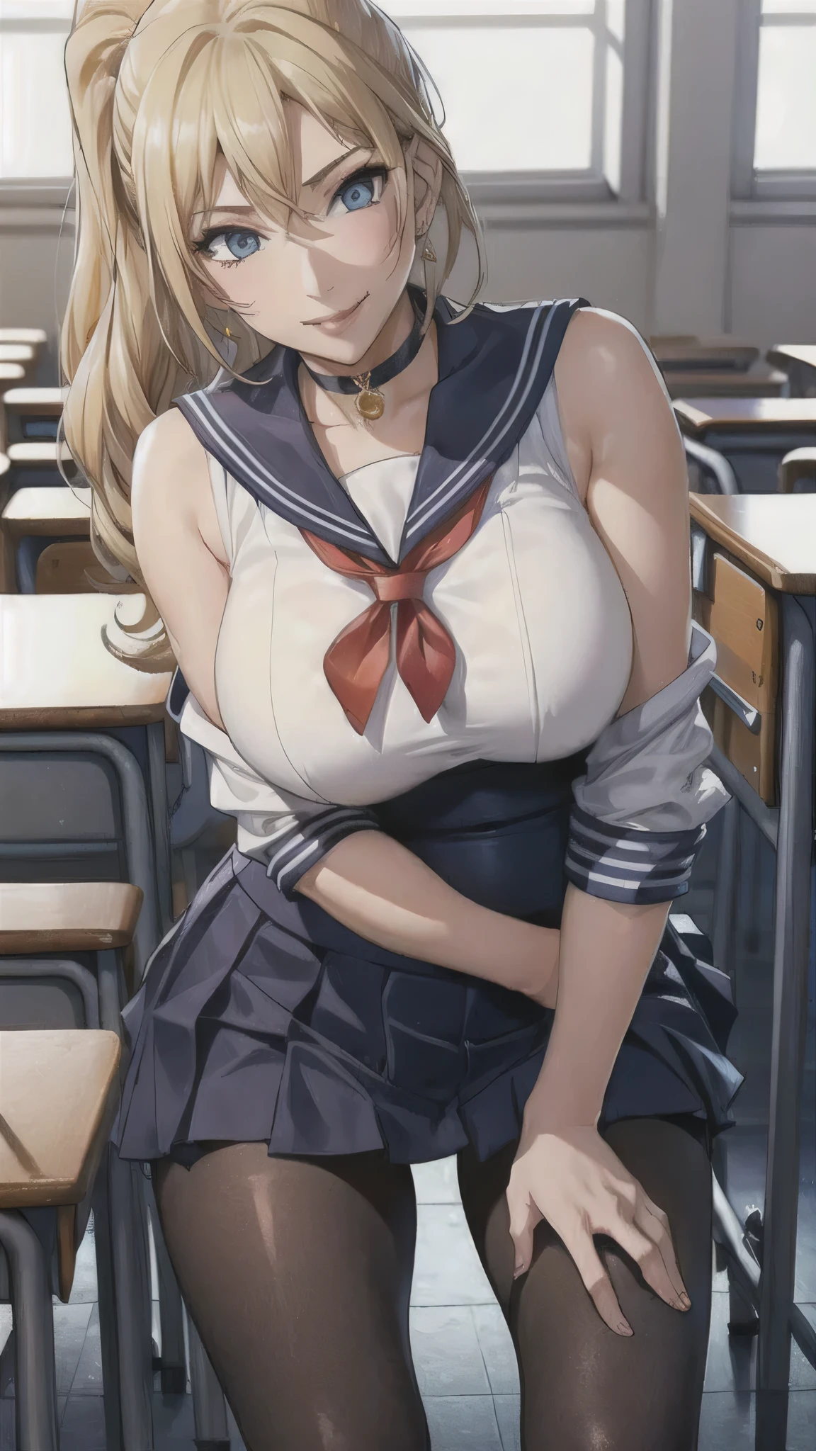 ((high school girl)),((school uniform)),((White blouse)),(((Pleated mini skirt))), ((A shy smile)),((Beautiful feet)),((Beautiful legs)),Ultra-high resolution, Mature Woman, Mature Woman, Very detailed, ((Big Breasts)), Perfect hands, Detailed fingers, Beautiful details, (((Sailor suit))),((Long blonde hair)),((ponytail)),Black choker, Earrings,loafers,(Black Pantyhose), (Black Stockings),Perfect Eyes, Seductive eyes, School classroom,Standing in front of the pulpit