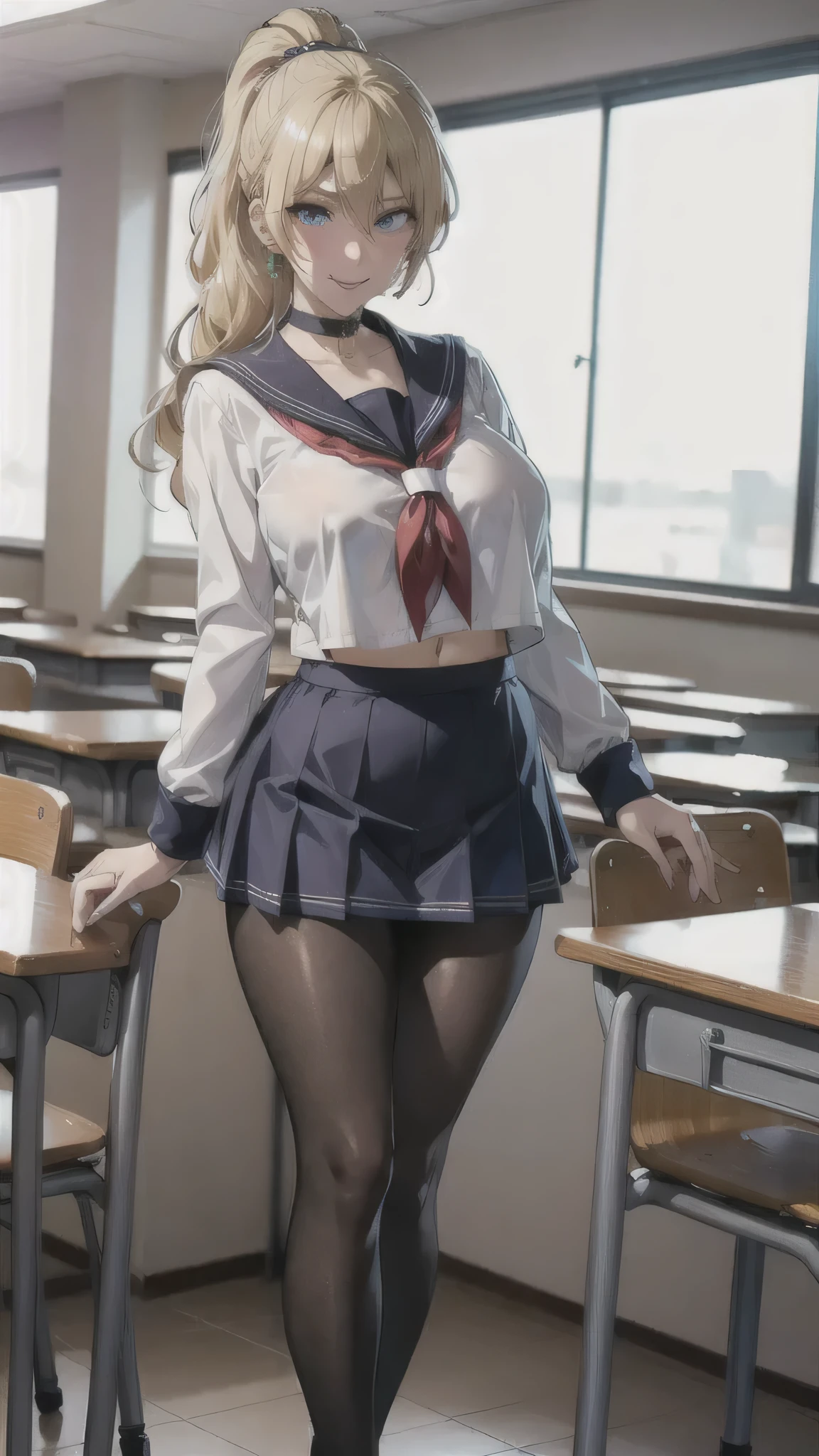 ((high school girl)),((school uniform)),((White blouse)),(((Pleated mini skirt))), ((A shy smile)),((Beautiful feet)),((Beautiful legs)),Ultra-high resolution, Mature Woman, Mature Woman, Very detailed, ((Big Breasts)), Perfect hands, Detailed fingers, Beautiful details, (((Sailor suit))),((Long blonde hair)),((ponytail)),Black choker, Earrings,loafers,(Black Pantyhose), (Black Stockings),Perfect Eyes, Seductive eyes, School classroom,Standing in front of the pulpit