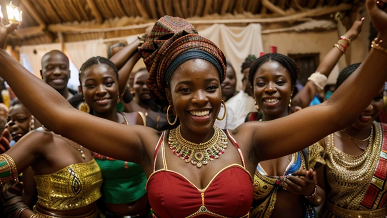 An African woman celebrating with friends and family, surrounded by traditional decorations and joyful expressions, with a sense of accomplishment