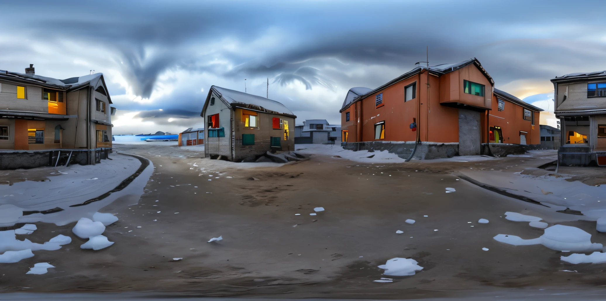 antartica mission base, storm dramatic sky, snow, ice, high resolution and detail, realistic, 360 panorama