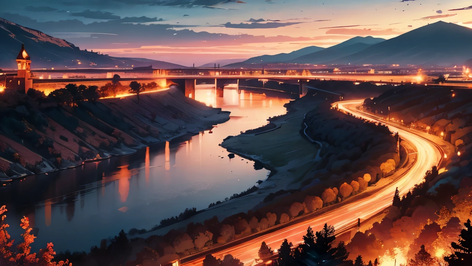 red river, landscape, glowing, intricate details