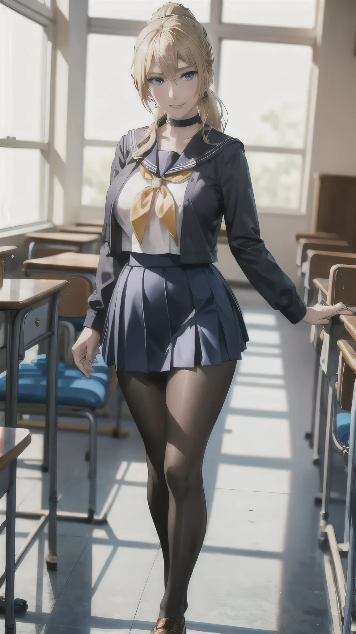 ((high school girl)),((school uniform)),((White blouse)),(((Pleated mini skirt))), ((A shy smile)),((Beautiful feet)),((Beautiful legs)),Ultra-high resolution, Mature Woman, Mature Woman, Very detailed, ((Big Breasts)), Perfect hands, Detailed fingers, Beautiful details, (((Sailor suit))),((Long blonde hair)),((ponytail)),Black choker, Earrings,loafers,(Black Pantyhose), (Black Stockings),Perfect Eyes, Seductive eyes, School classroom,Standing in front of the pulpit