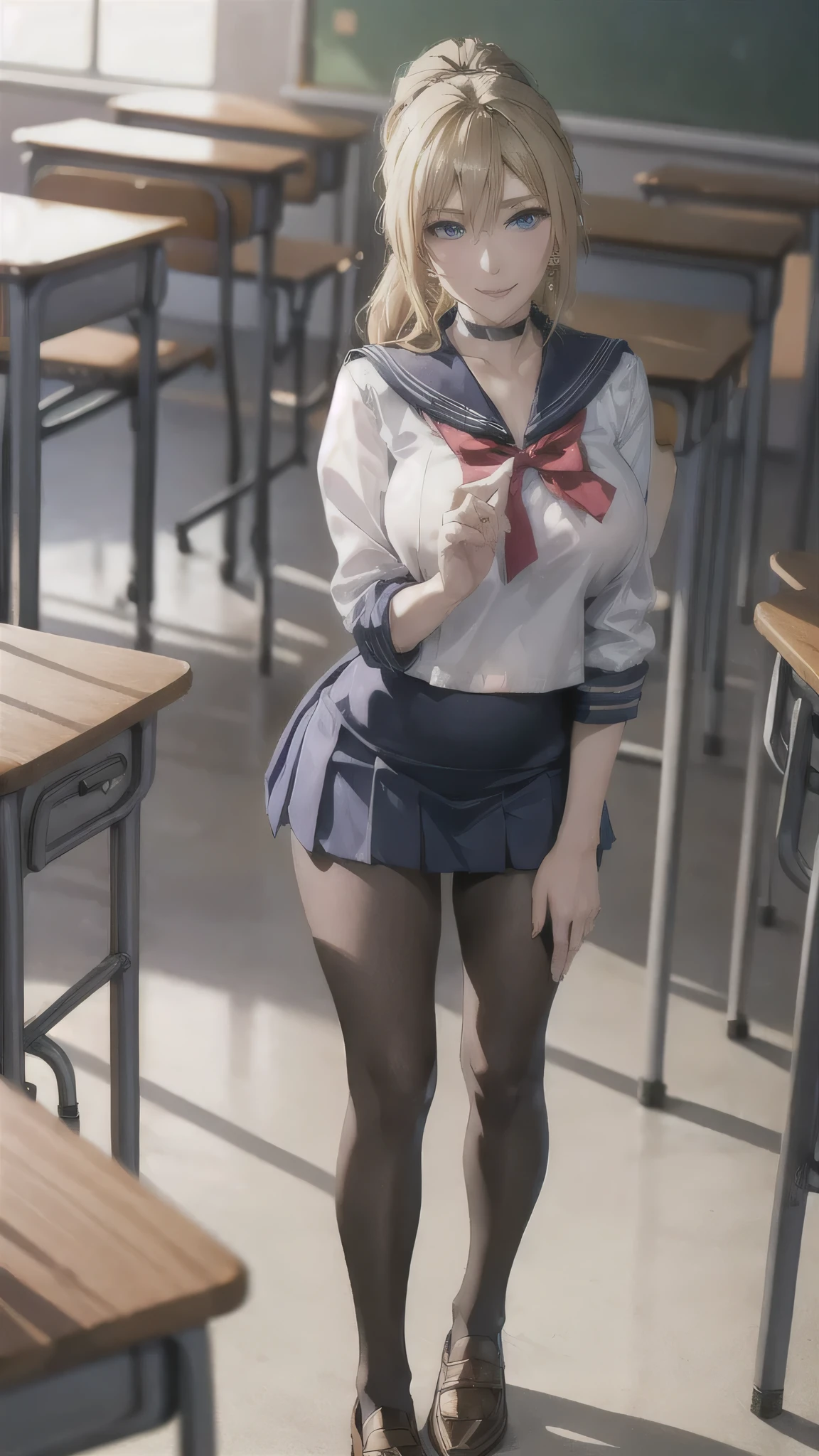 ((high school girl)),((school uniform)),((White blouse)),(((Pleated mini skirt))), ((A shy smile)),((Beautiful feet)),((Beautiful legs)),Ultra-high resolution, Mature Woman, Mature Woman, Very detailed, ((Big Breasts)), Perfect hands, Detailed fingers, Beautiful details, (((Sailor suit))),((Long blonde hair)),((ponytail)),Black choker, Earrings,loafers,(Black Pantyhose), (Black Stockings),Perfect Eyes, Seductive eyes, School classroom,Standing in front of the pulpit