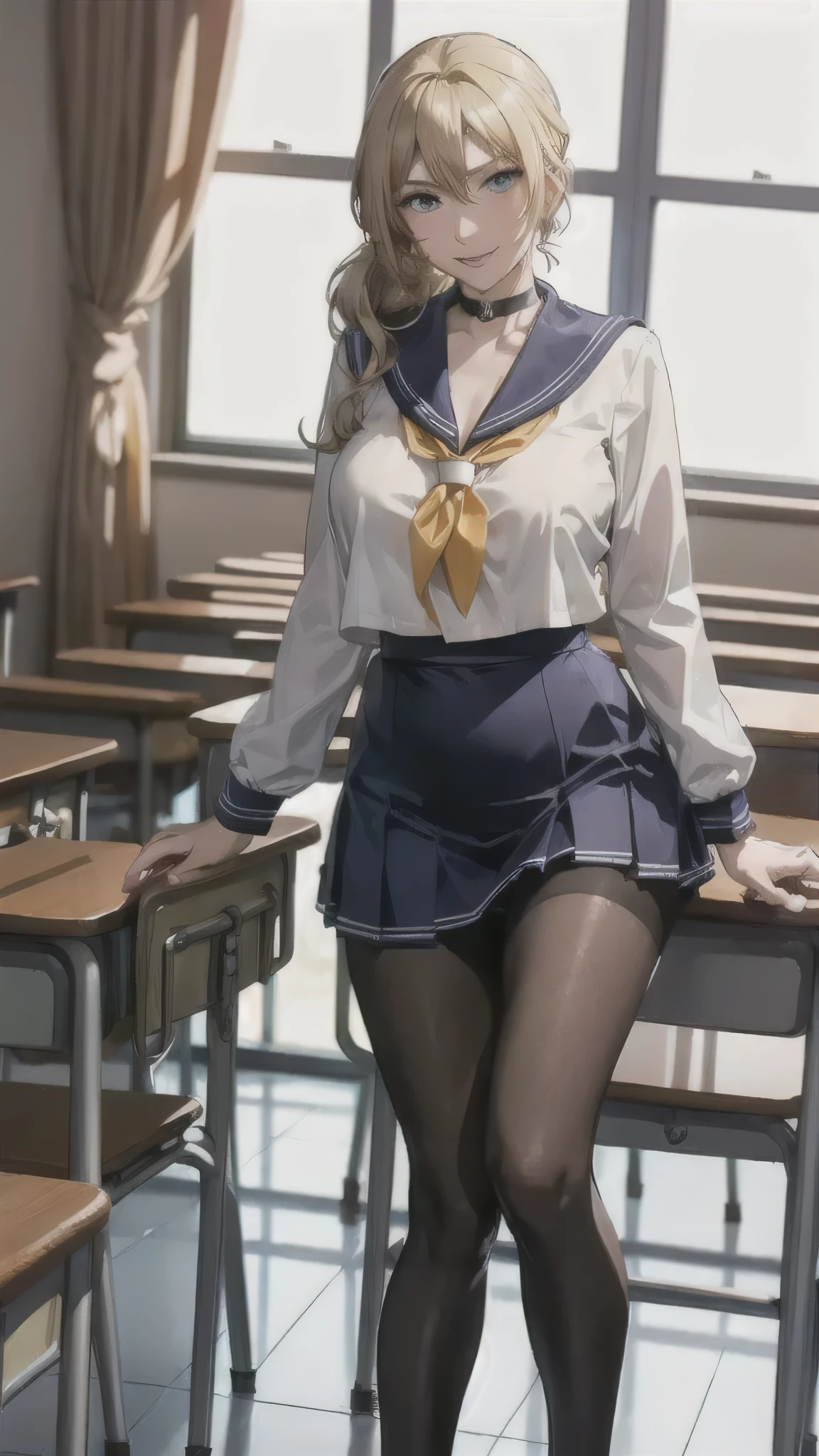 ((high school girl)),((school uniform)),((White blouse)),(((Pleated mini skirt))), ((A shy smile)),((Beautiful feet)),((Beautiful legs)),Ultra-high resolution, Mature Woman, Mature Woman, Very detailed, ((Big Breasts)), Perfect hands, Detailed fingers, Beautiful details, (((Sailor suit))),((Long blonde hair)),((ponytail)),Black choker, Earrings,loafers,(Black Pantyhose), (Black Stockings),Perfect Eyes, Seductive eyes, School classroom,Standing in front of the pulpit
