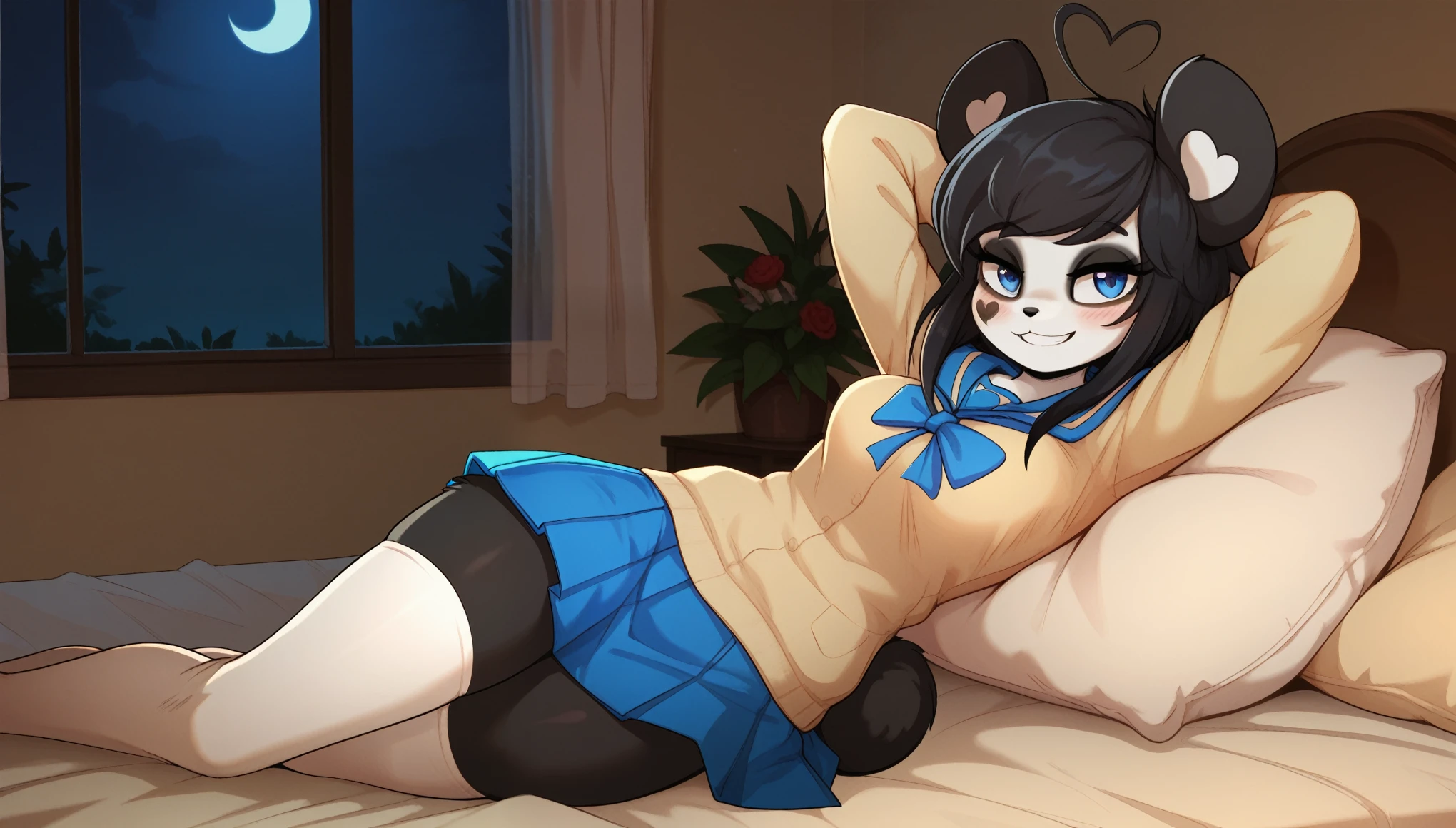masterpiece, best quality, seductive expression, 1girl, anthro, furry, fur, fluffy fur, kenny \(kenashcorp\), (panda, panda girl), furry, panda ears, animal nose, black fur, white fur, eyes makeup, black eyes, panda tail, heart ahoge, cheek heart, black arms, black legs, black hair, medium hair, blue eyes, half-closed eyes, medium breasts, thick thighs, solo, (bedroom), (night), detailed, laying on bed, (school uniform, blue skirt, white thighhighs), (arms above head), cute grin, blush, score_9, score_8_up, score_7_up, score_6_up, score_5_up, score_4_up