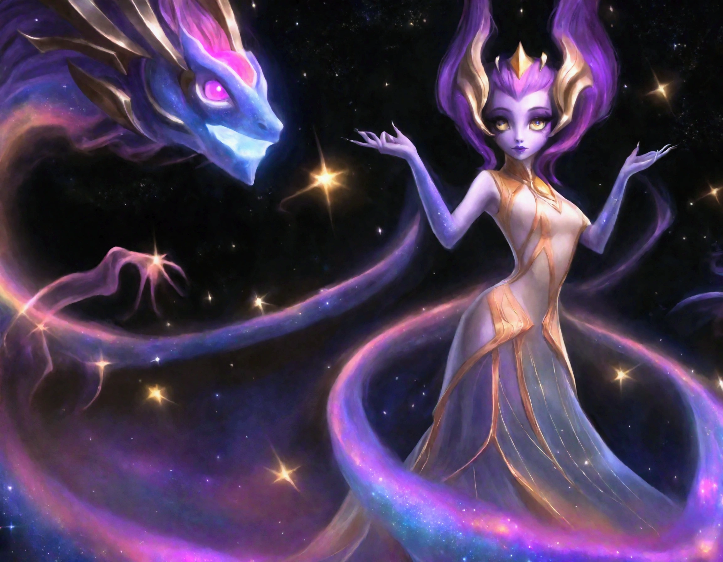 A lovely woman (age 25, sheer airy gown, dragon makeup, big eyes, colorful hair, dancing on a cosmic field of stars, trails of stardust and sparkles