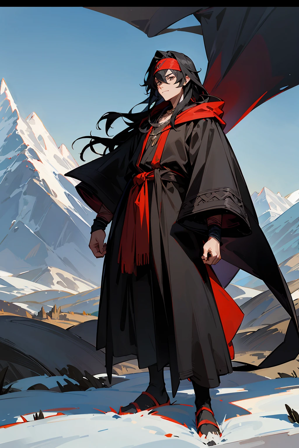 1male, Male, Black Long Hair, Mountain Background, Black Cloak, Sharktooth Necklace, Standing on Path, Red Headband