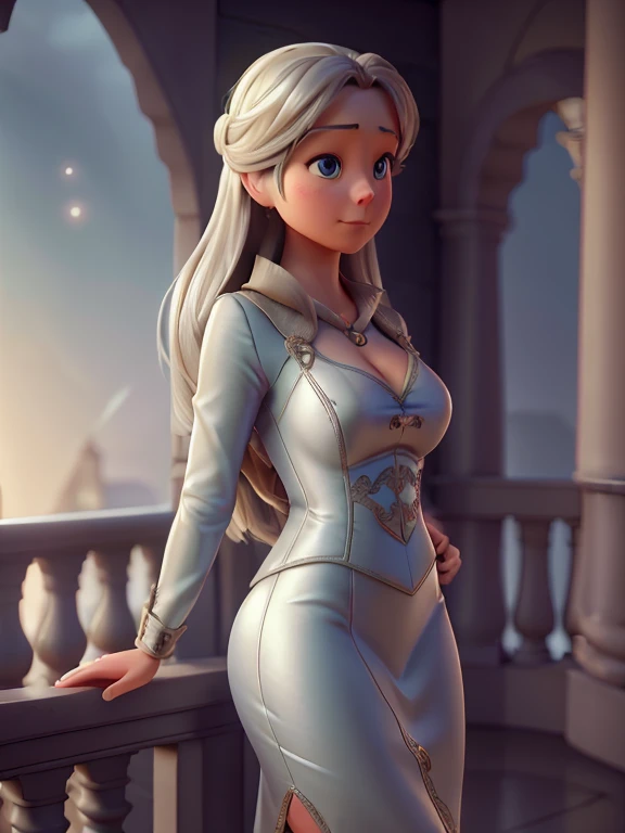 A beautiful woman with tight silver dress hugging her round ass, looking through balcony, focus on her ass, extremely detailed, ultra-detailed, 8k, 4k, hyperrealistic, volumetric lighting, cinematic lighting, dramatic lighting, chiaroscuro lighting, photorealistic, intricate details, high quality, masterpiece, elegant, graceful, sensual, alluring, seductive