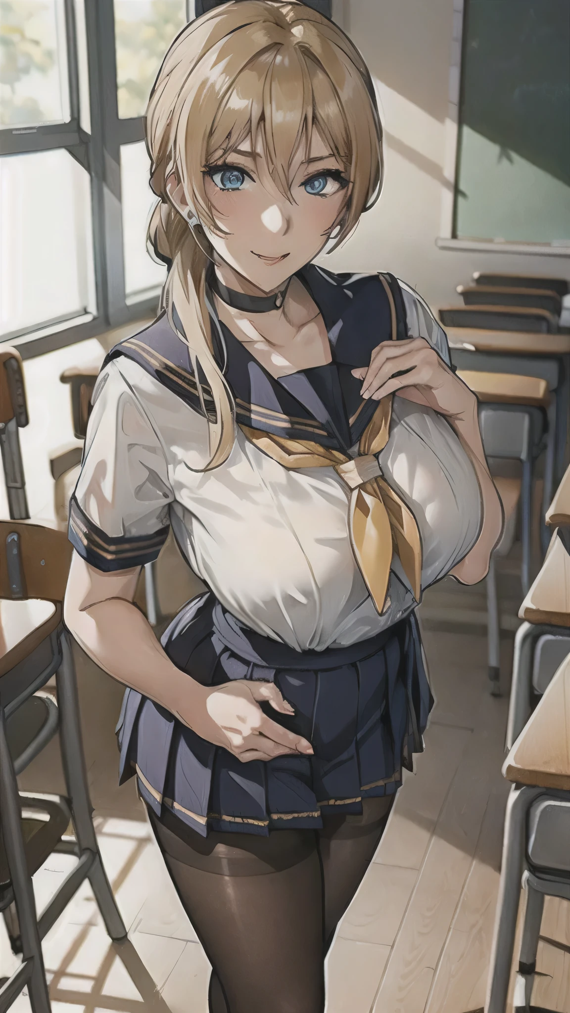 ((high school girl)),((school uniform)),((White blouse)),(((Pleated mini skirt))), ((A shy smile)),((Beautiful feet)),((Beautiful legs)),Ultra-high resolution, Mature Woman, Mature Woman, Very detailed, ((Big Breasts)), Perfect hands, Detailed fingers, Beautiful details, (((Sailor suit))),((Long blonde hair)),((ponytail)),Black choker, Earrings,loafers,(Black Pantyhose), (Black Stockings),Perfect Eyes, Seductive eyes, School classroom,Standing in front of the pulpit