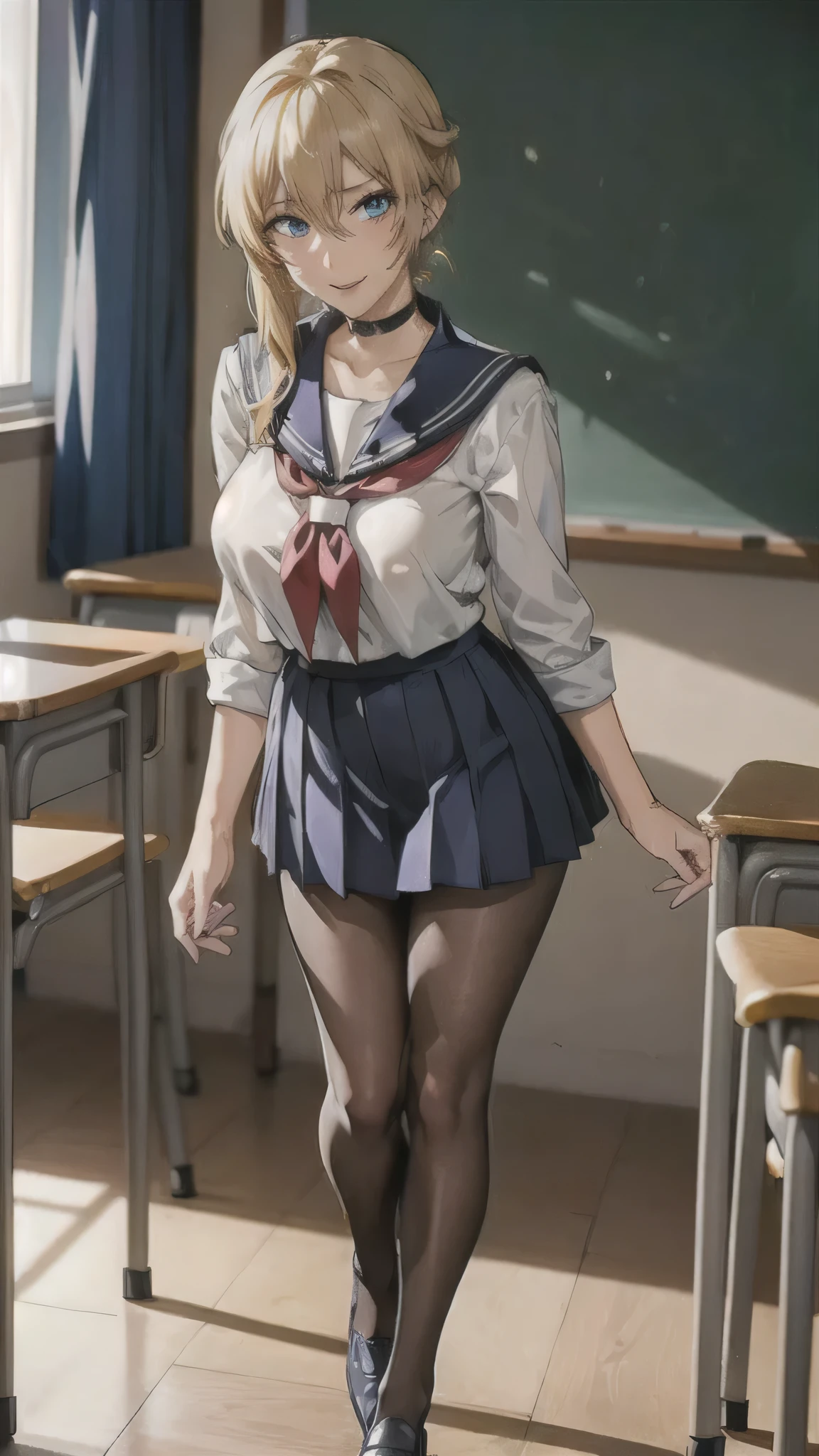 ((high school girl)),((school uniform)),((White blouse)),(((Pleated mini skirt))), ((A shy smile)),((Beautiful feet)),((Beautiful legs)),Ultra-high resolution, Mature Woman, Mature Woman, Very detailed, ((Big Breasts)), Perfect hands, Detailed fingers, Beautiful details, (((Sailor suit))),((Long blonde hair)),((ponytail)),Black choker, Earrings,loafers,(Black Pantyhose), (Black Stockings),Perfect Eyes, Seductive eyes, School classroom,Standing in front of the pulpit