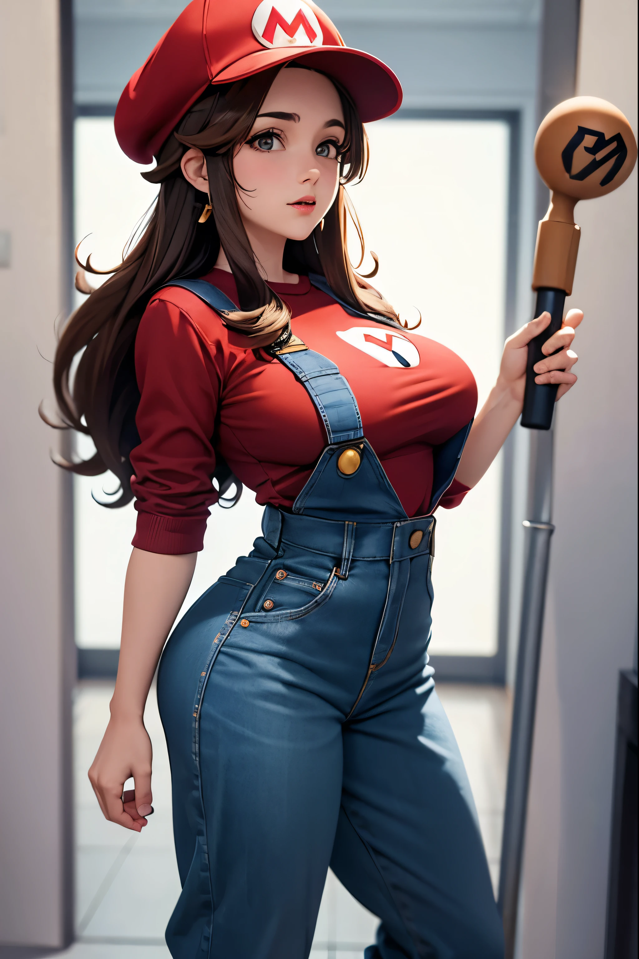 Woman, Brown Hair, (Red Hat with Letter M), Mario Bros Hat, Blue Coveralls, Holding Plunger, Large Breasts