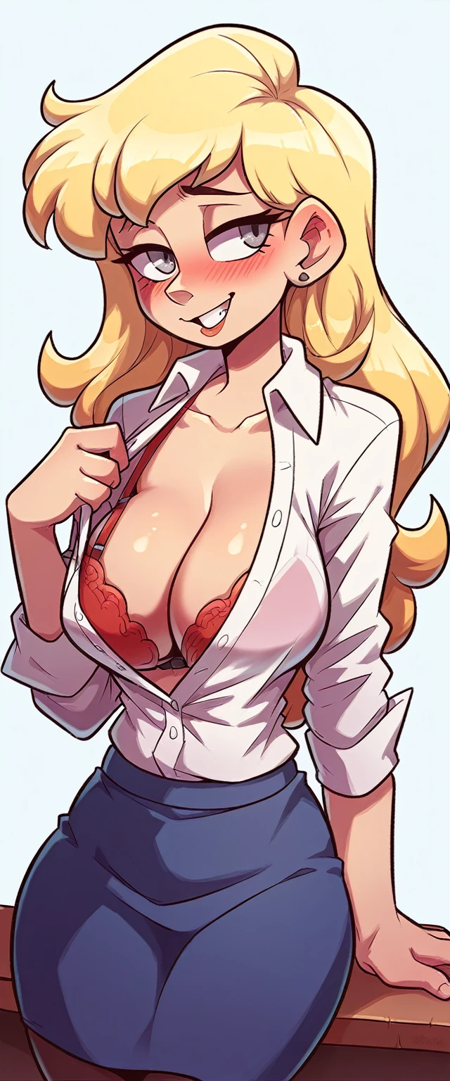 A sensual sexy woman beautiful big breast beautiful attraction long blonde yellow hair her gray eye wears a white button-down shirt office shows her chest red bra and a short purple skirt she gives a red bra to a young guy thanks the blushing man grabs a bra red bra she is happy blushing