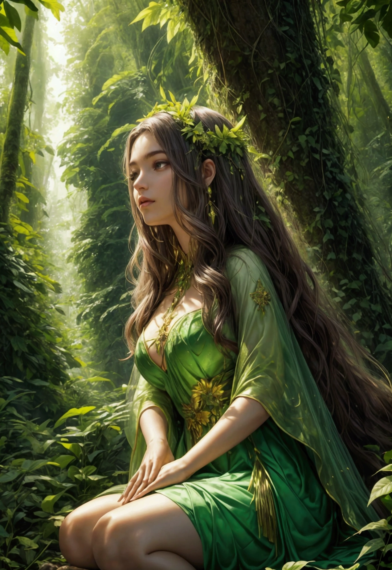 "Sofia is in the heart of the Amazon rainforest, surrounded by imposing trees and lush vegetation. Its evolved form is a spectacle of power and beauty. Her hair is long and flows like a current of green energy, shining with an ethereal light. Its skin displays intricate patterns that resemble roots and leaves., with a greenish color and touches of earthy brown. Seus olhos brilham intensamente, like two emeralds illuminated by an inner light. Around Sofia, nature seems to vibrate in harmony with your presence. Vines and plants gently wrap around your arms and legs, as if they were an extension of your own body. Little flowers bloom where she steps, and an aura of green and gold energy emanates from his figure, pulsating with life. Magical effects involve Sofia, with particles of light floating around you and vegetation responding to your every movement. The trees appear to lean slightly towards you, and the forest animals approach respectfully, recognizing your power. she reaches out, and a cascade of golden and green leaves gently falls around you, highlighting its deep and mystical connection with nature."
