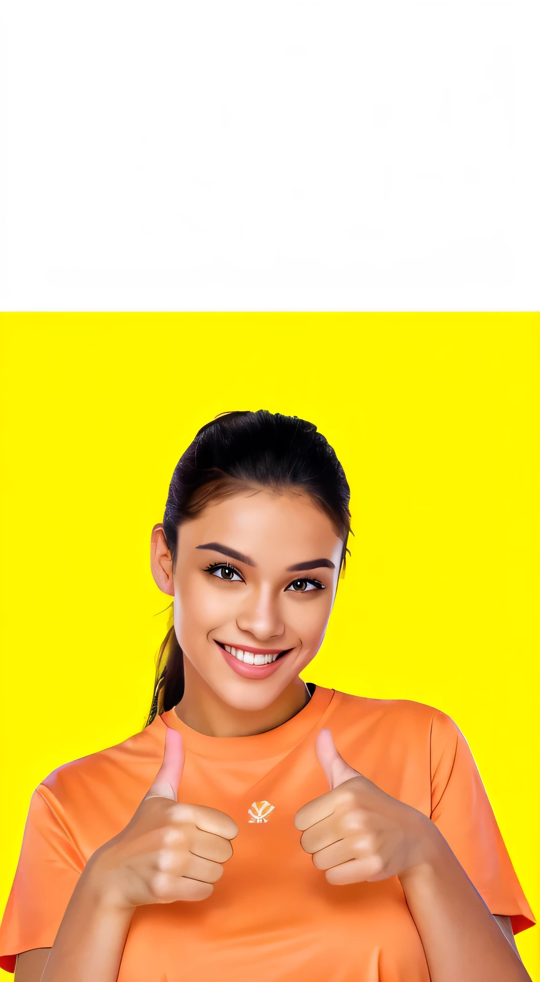 smiling woman in orange shirt showing thumbs up with both hands, in front of an orange background, yellow backdrop, ad image, smiling young man, high resolution, publicity photo, pose of épaule devant, wearing a trendy orange t-shirt, happy girl, promo image, very very happy, retrato em close, beautiful yellow woman, Vibrant and dynamic, Foto de uma mulher